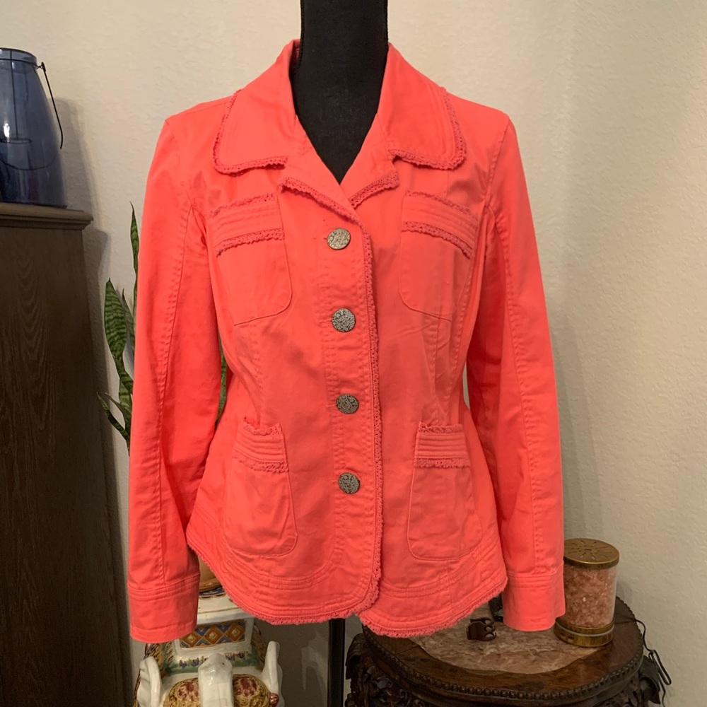 Darling salmon cotton blazer w/feminine trim